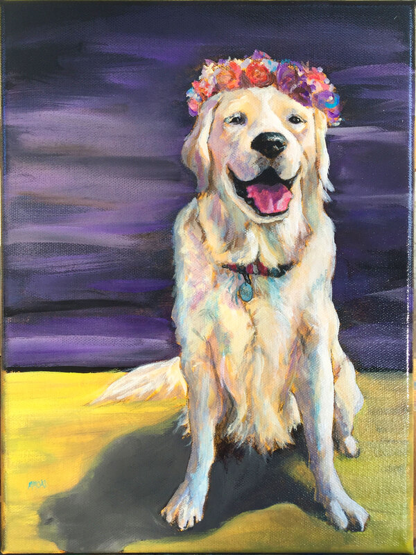 This lovely white golden retriever was given as a wedding gift from a groom to his new bride. She is painted on a 9x12 canvas.
