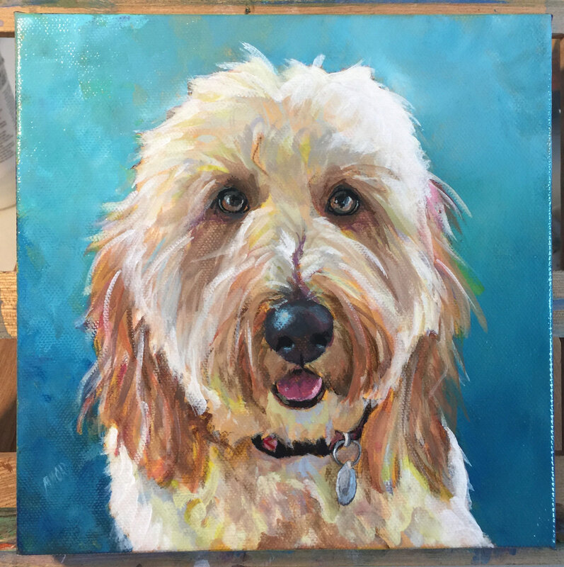 This is Penny the golden doodle, painted on an 8x8" canvas, given as a Christmas gift.